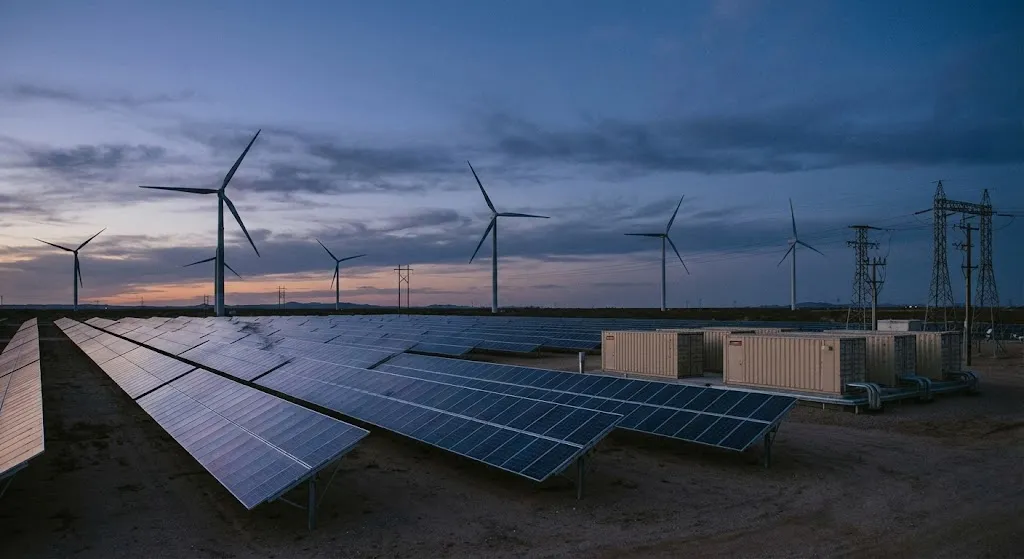 Solar panels and wind turbines at sustainable energy facility during twilight