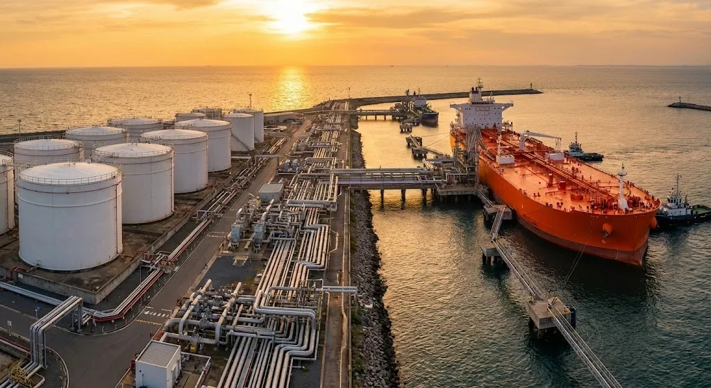 Oil tanker at port terminal with storage facilities for commodity logistics